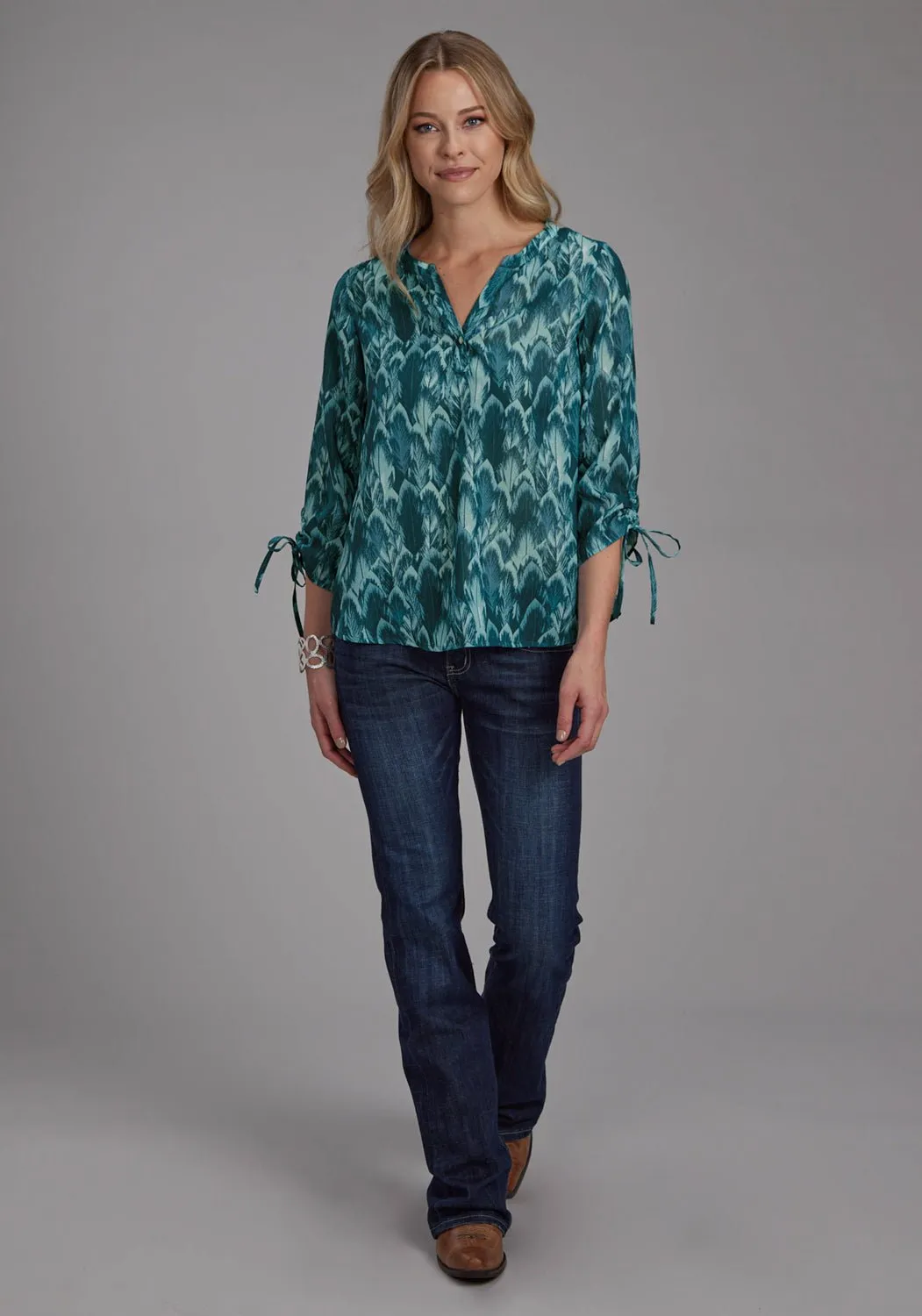 Roper Womens Feather Georgette Teal 100% Polyester 3/4 Sleeve S/S Blouse Weekend Style Layered Design