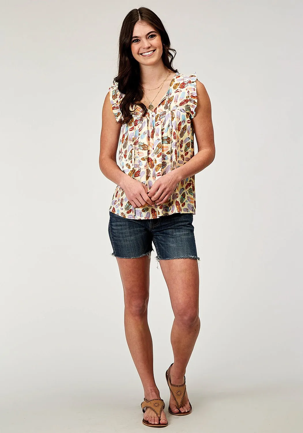 Roper Womens Feather Toss Multi-Color 100% Rayon S/L Blouse Durable Texture Runway Inspired