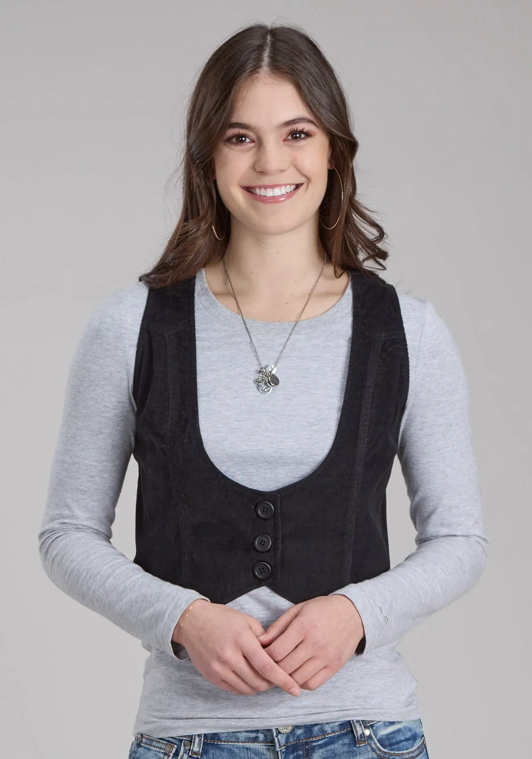 Simple Outfit Roper Womens Fitted Mini Corduroy Black 100% Cotton Vest
