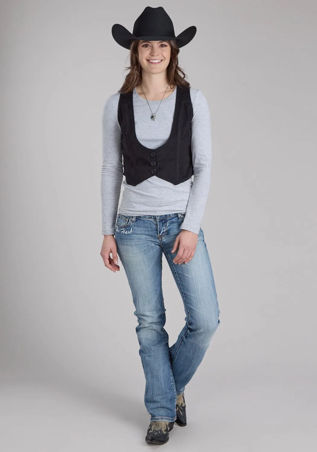 Roper Womens Fitted Mini Corduroy Black 100% Cotton Vest Travel Outfit Street Fashion Creative Look