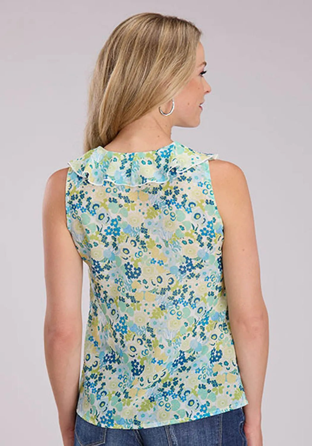 Summer Outfit Unisex Option Roper Womens Floral Aztec Chintz Cream/Blue 100% Polyester S/L Blouse