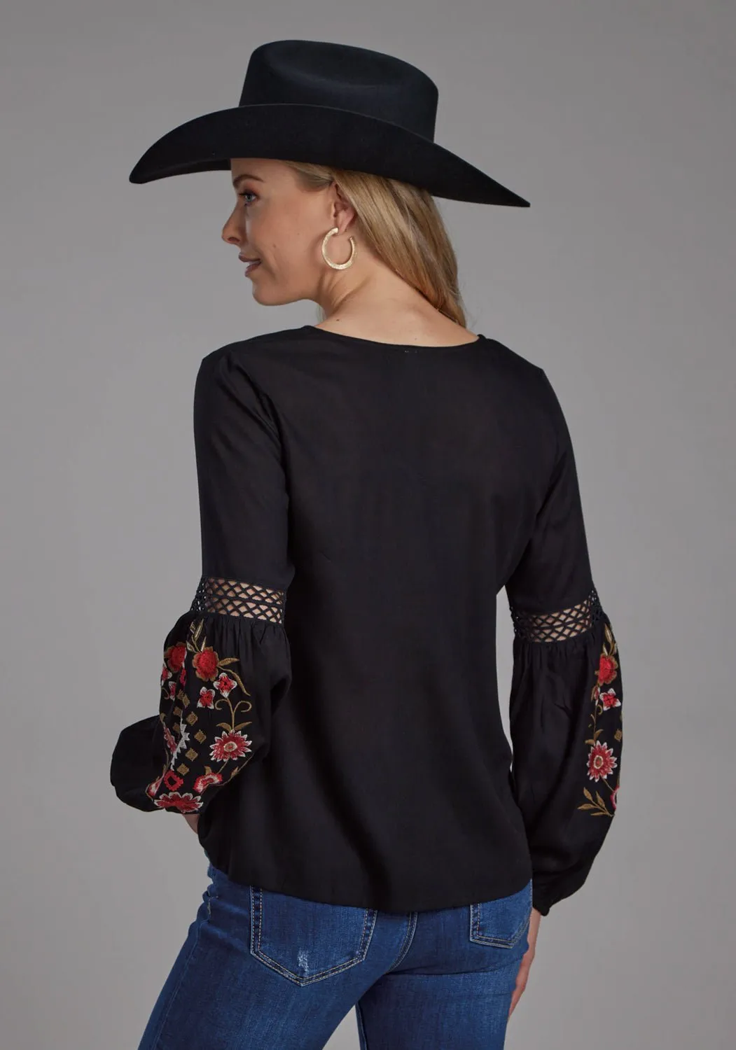 Button front Roper Womens Floral Challis Black 100% Rayon L/S Tunic