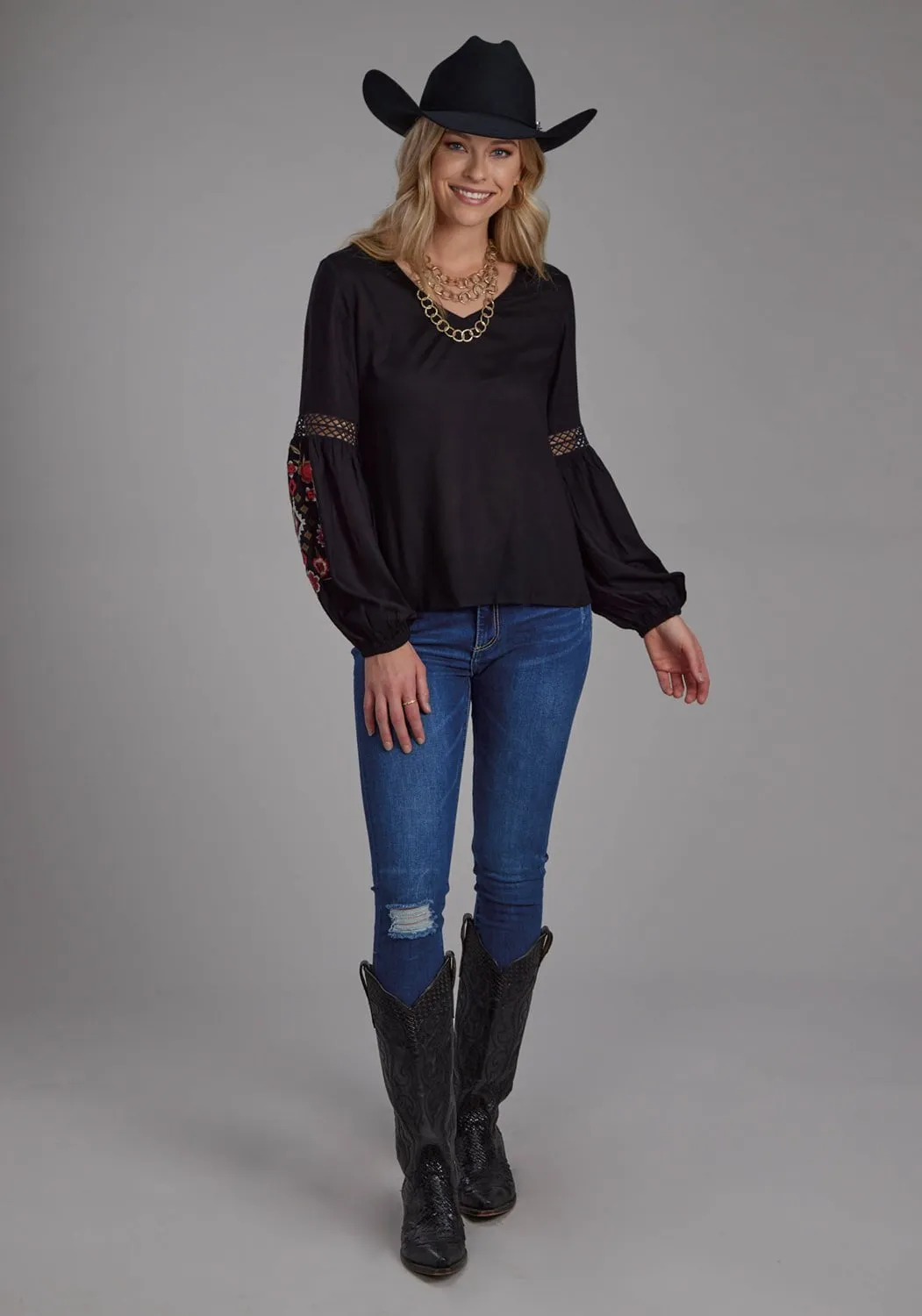 No Slip Shoulder Grip Roper Womens Floral Challis Black 100% Rayon L/S Tunic