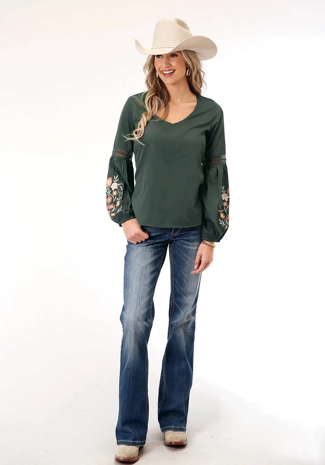 Water Repellent Finish Roper Womens Floral Crepe Grey Polyester L/S Tunic