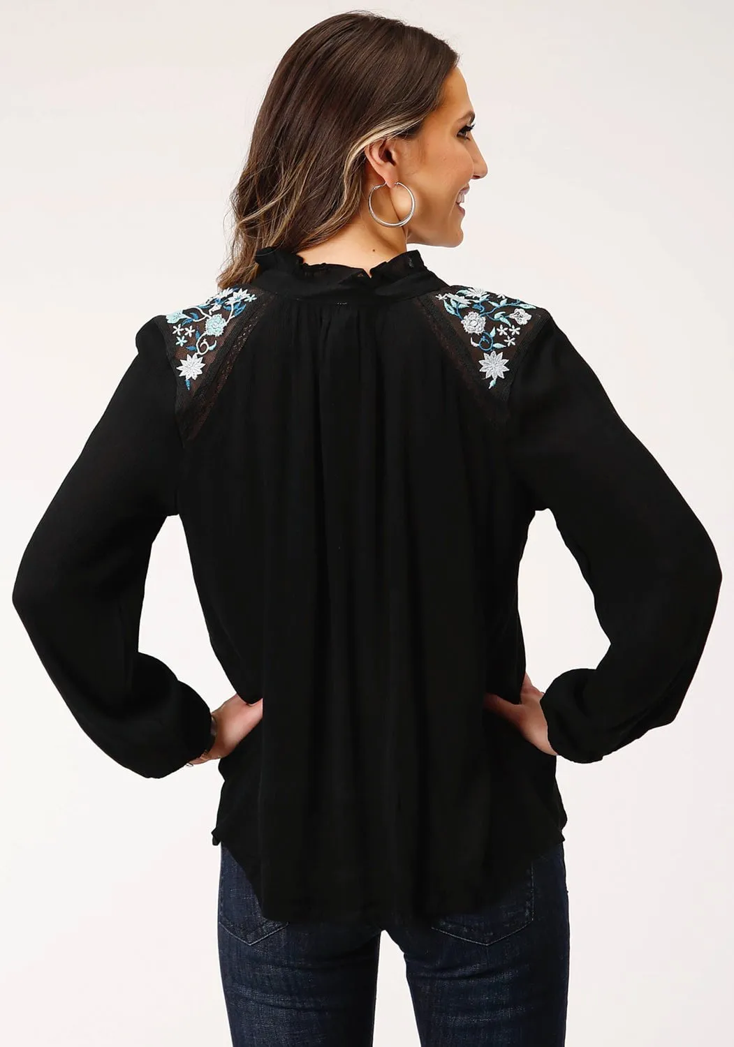 Roper Womens Floral Crinkle Black 100% Rayon L/S Blouse Seamless Sides Traveler??s Choice