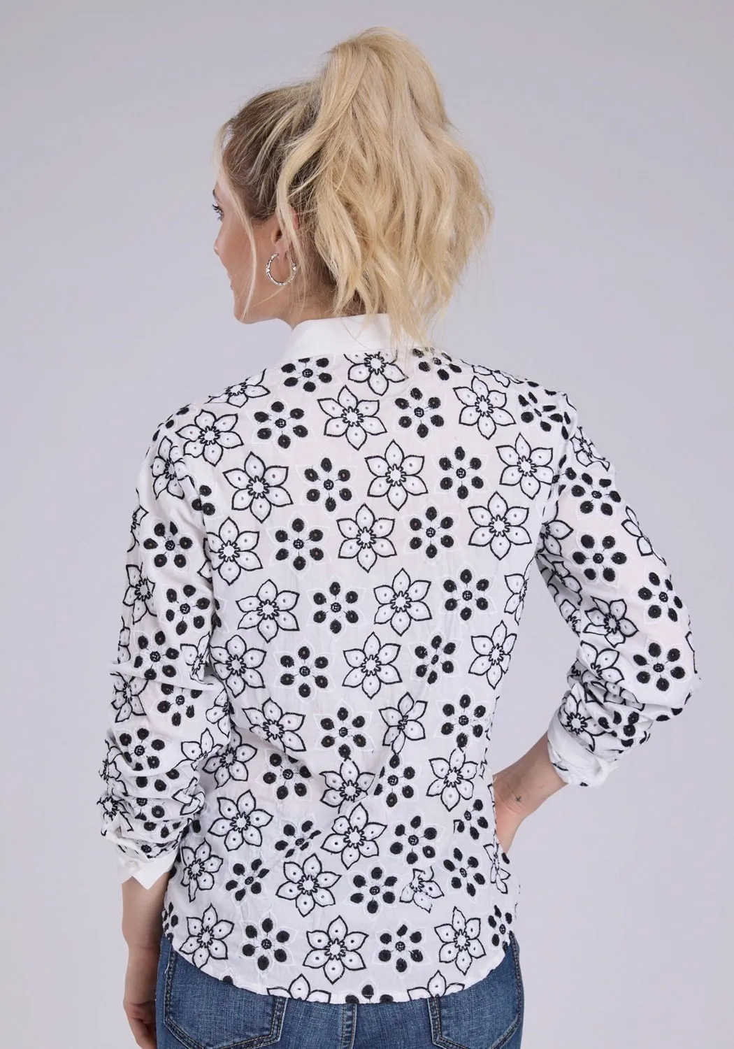 Slim Silhouette Roper Womens Floral Eyelet Western White/Black 100% Cotton L/S Blouse
