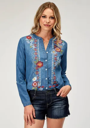 Roper Womens Floral Lightweight Blue 100% Cotton L/S Shirt Wrinkle-Resistant Urban Comfort Roper Womens Floral Lightweight Blue 100% Cotton L/S Shirt