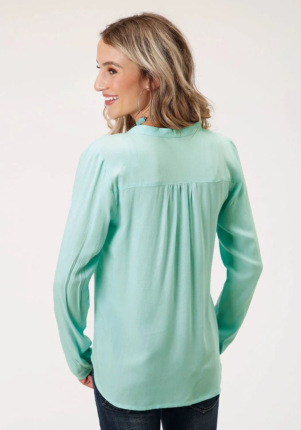 Sustainable production Trendy Comfort Roper Womens Floral Long Tails Aqua 100% Rayon L/S Blouse