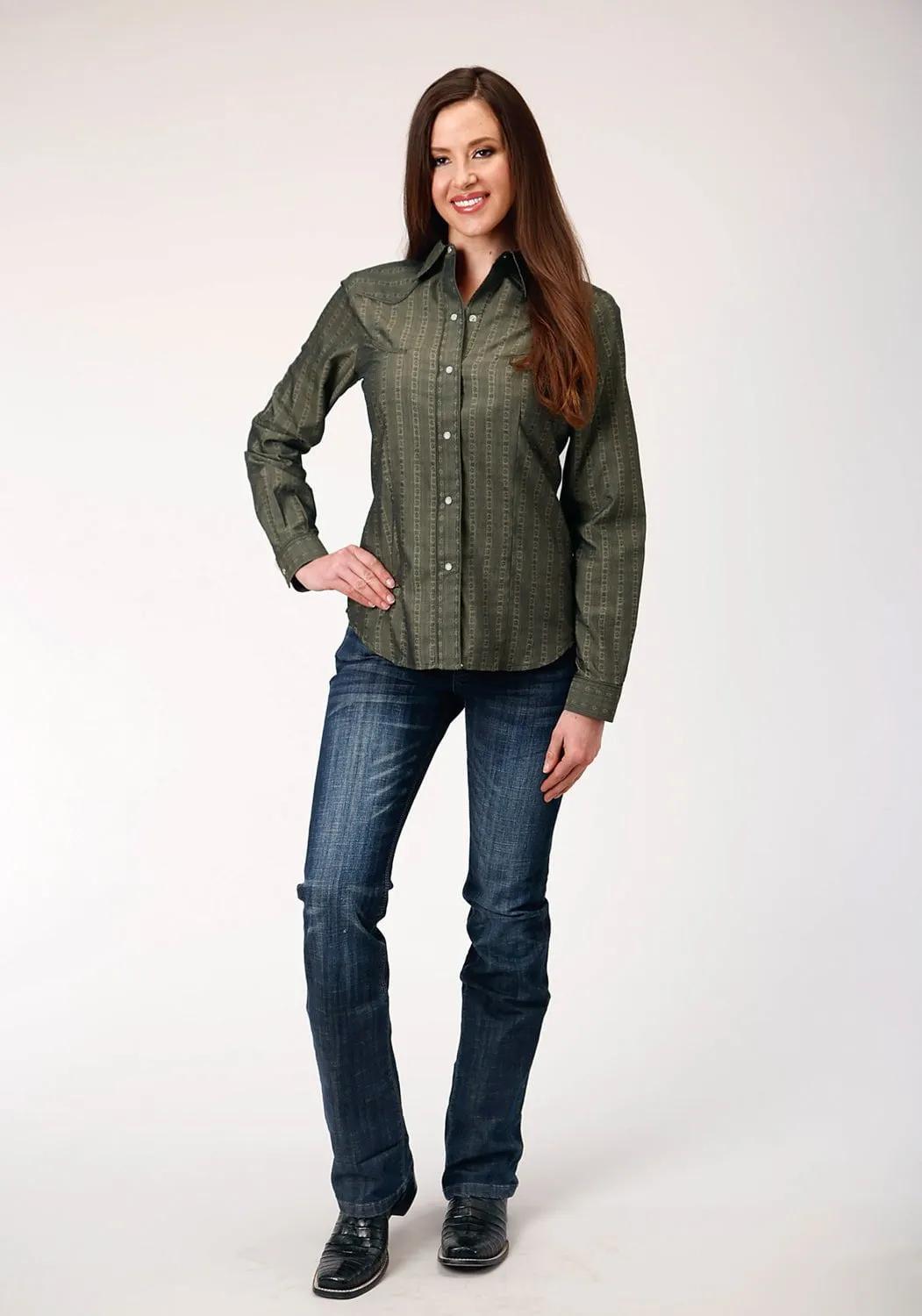 Double Needle Hemming Essential Fit Roper Womens Floral Tone on Tone Grey Poly/Cotton L/S Shirt