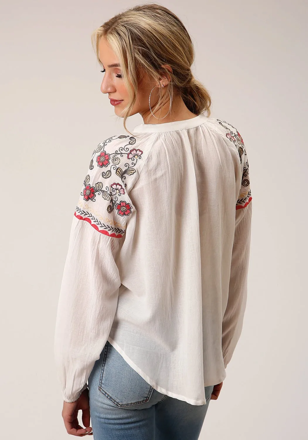 Roper Womens Floral V Placket White 55% Viscose/45% Cotton L/S Blouse Comfy Wear