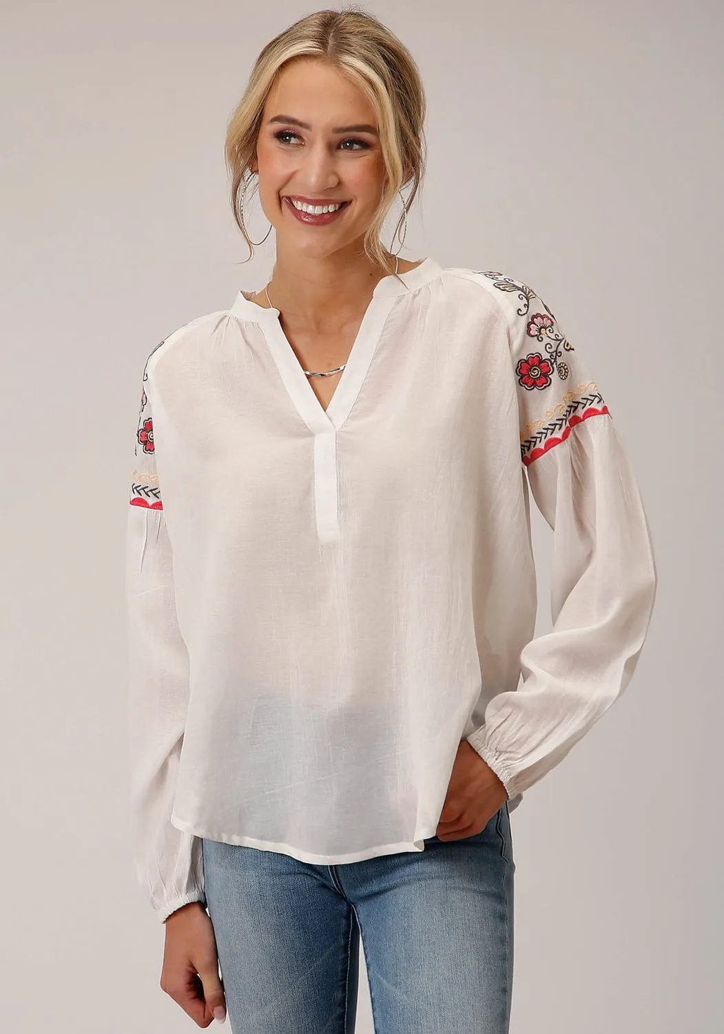 Roper Womens Floral V Placket White 55% Viscose/45% Cotton L/S Blouse Seasonal Style