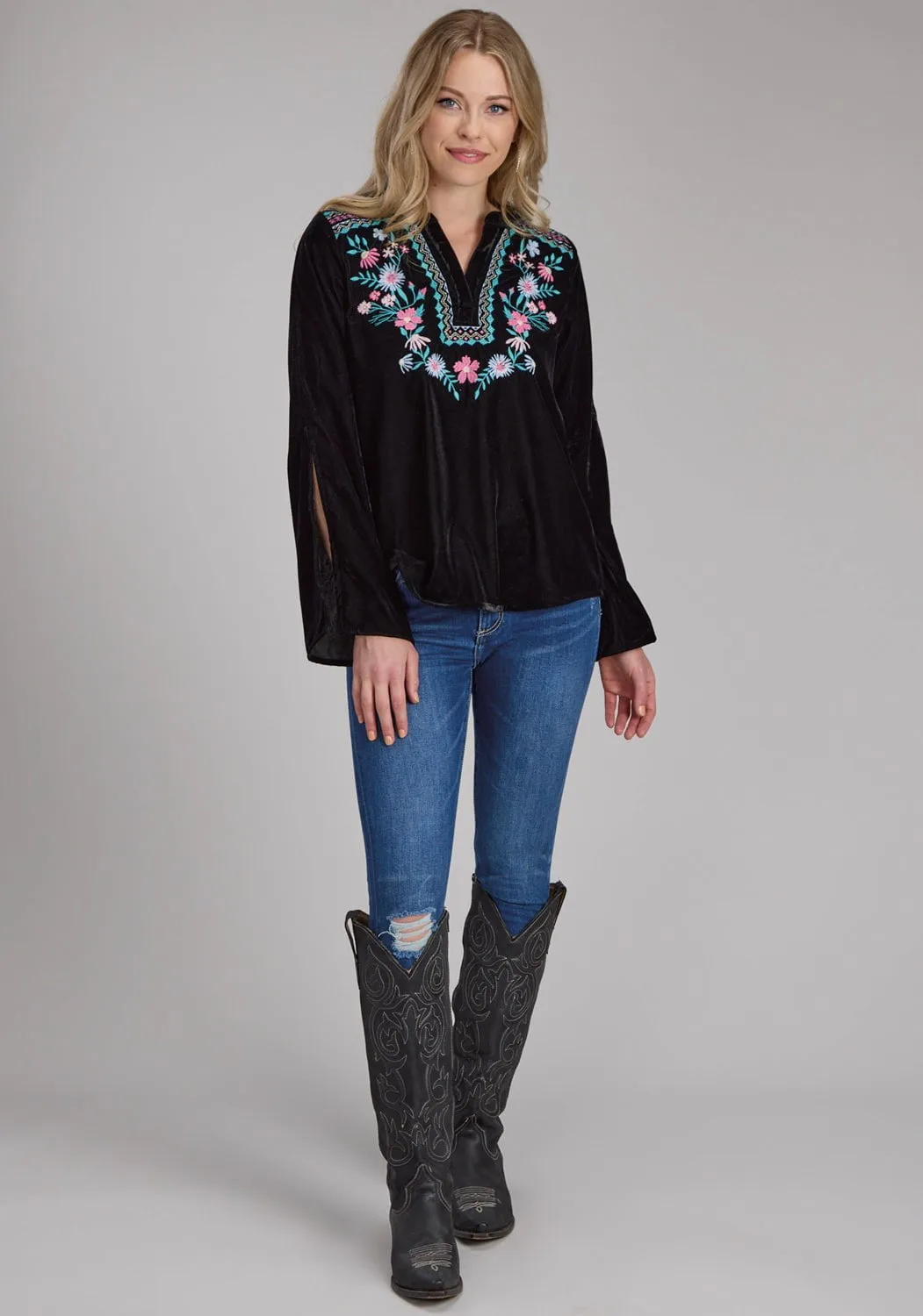 Minimalist fashion Cool Comfort Roper Womens Floral Velvet Black 100% Rayon L/S Blouse
