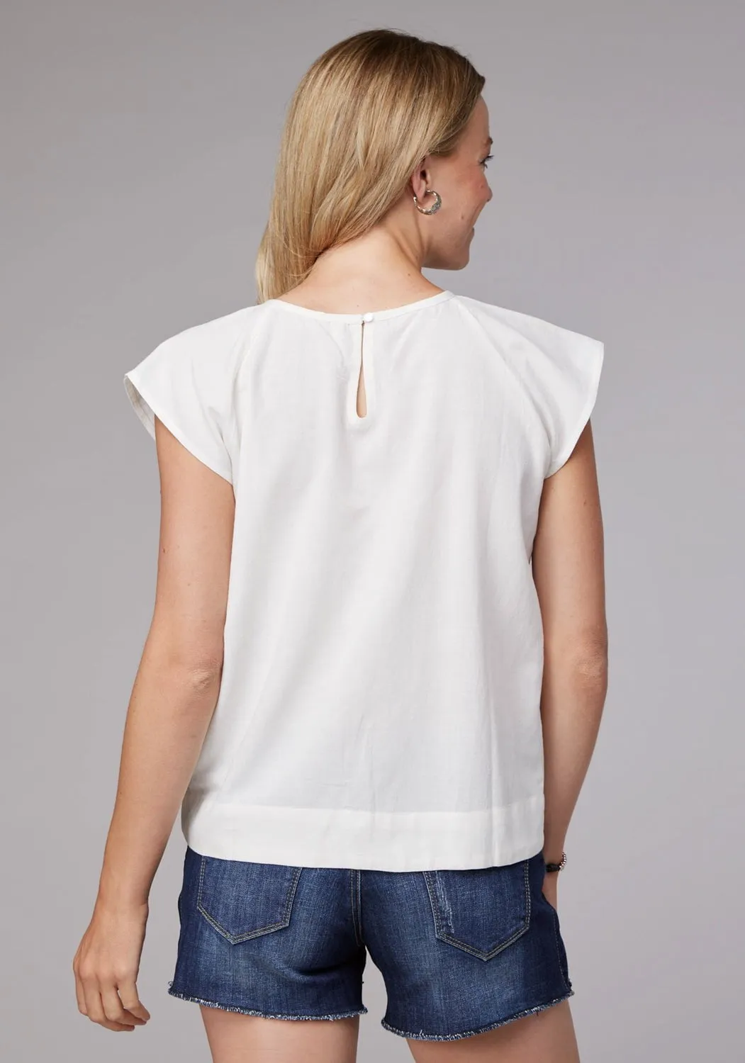 Roper Womens Flutter Raglan White Cotton Blend S/S T-Shirt Neutral Toned Stitching Camouflage Print