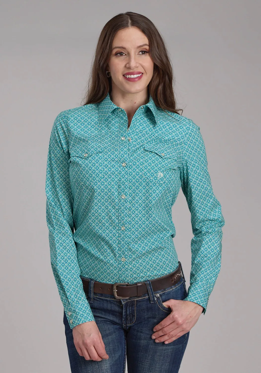 Roper Womens Four Point Foulard Turquoise Cotton Blend L/S Shirt Travel Friendly Fashionable Layer
