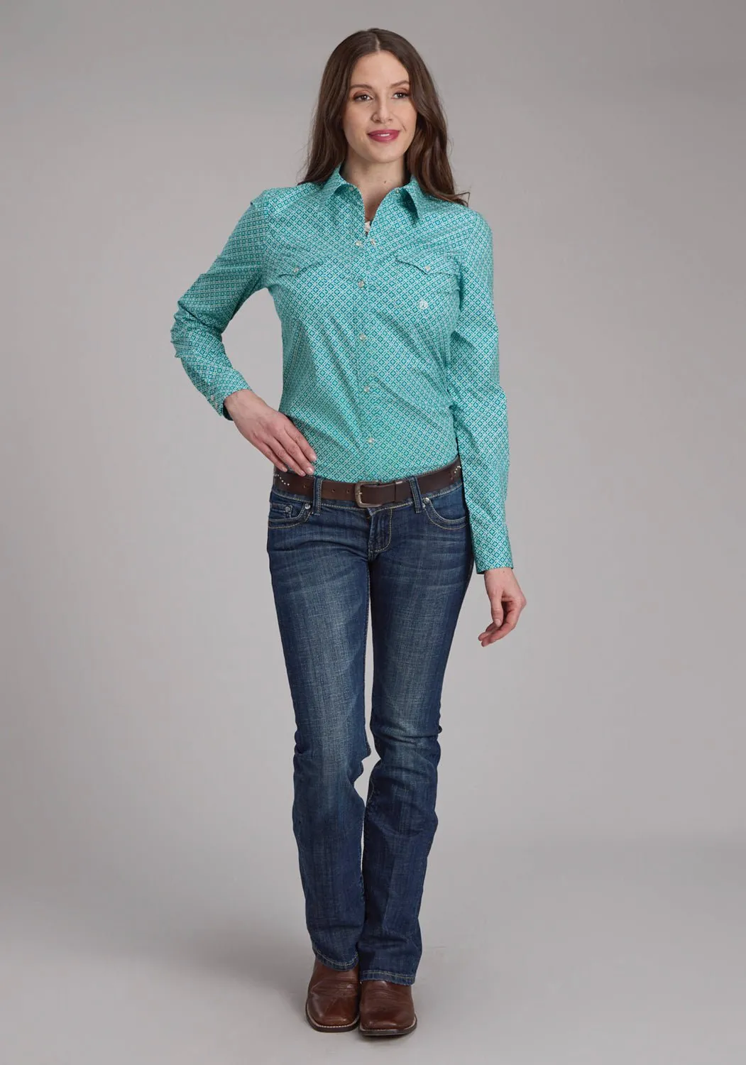 Roper Womens Four Point Foulard Turquoise Cotton Blend L/S Shirt Premium Fabric Functional Design