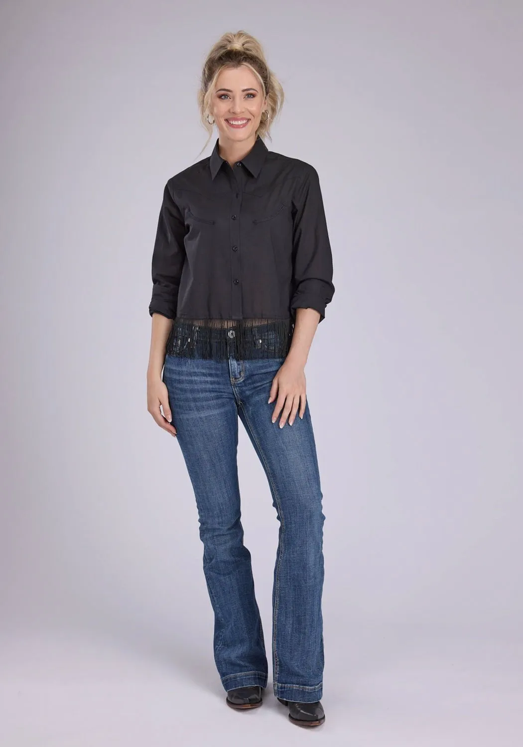 Simple Elegance Roper Womens Fringe Cambric Western Black 100% Cotton L/S Blouse