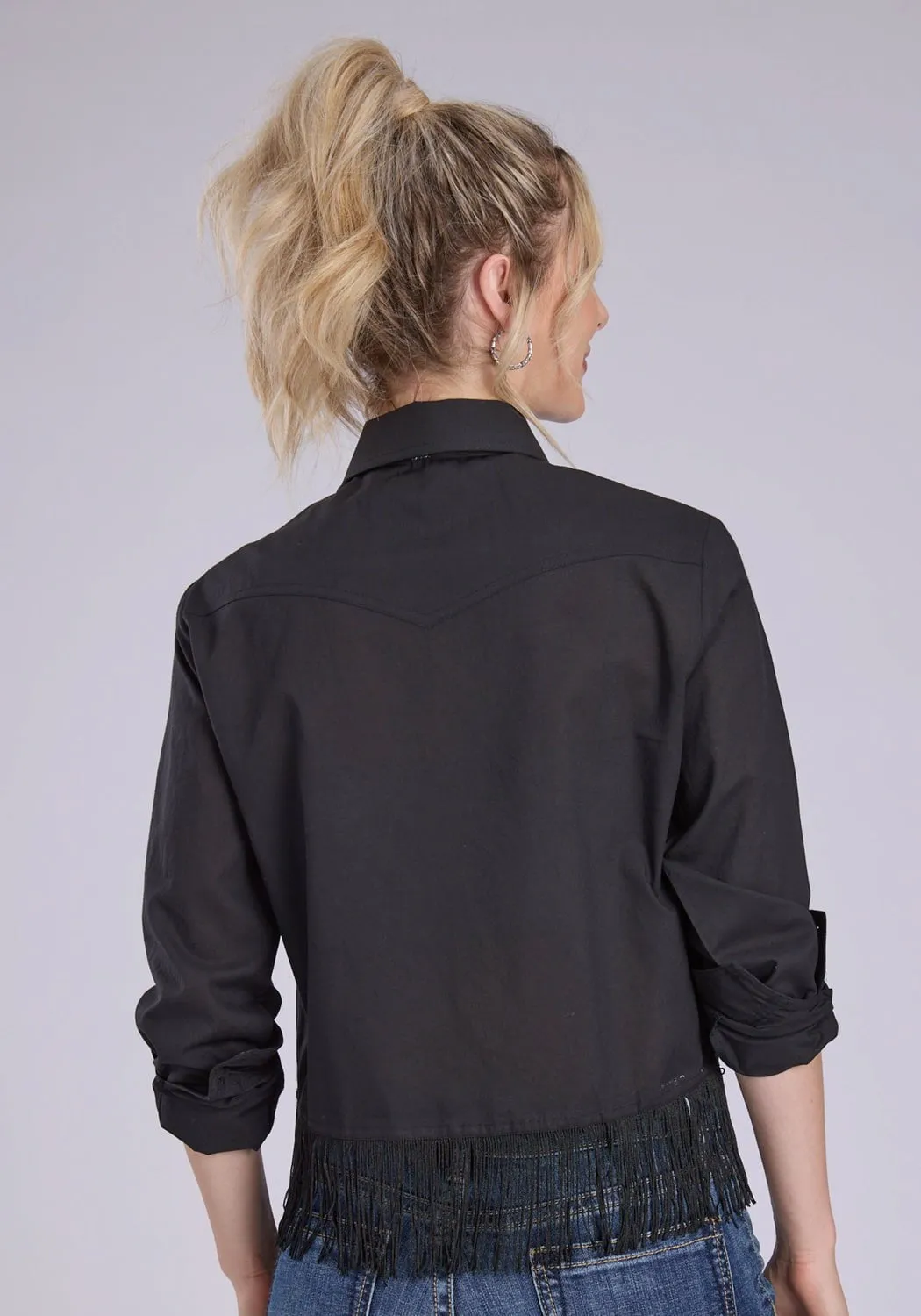Roper Womens Fringe Cambric Western Black 100% Cotton L/S Blouse Versatile Clothing