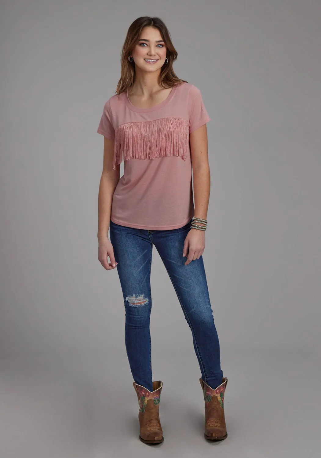 Unique Design Layered Hemline Roper Womens Front Yoke Fringe Pink Poly/Rayon S/S T-Shirt