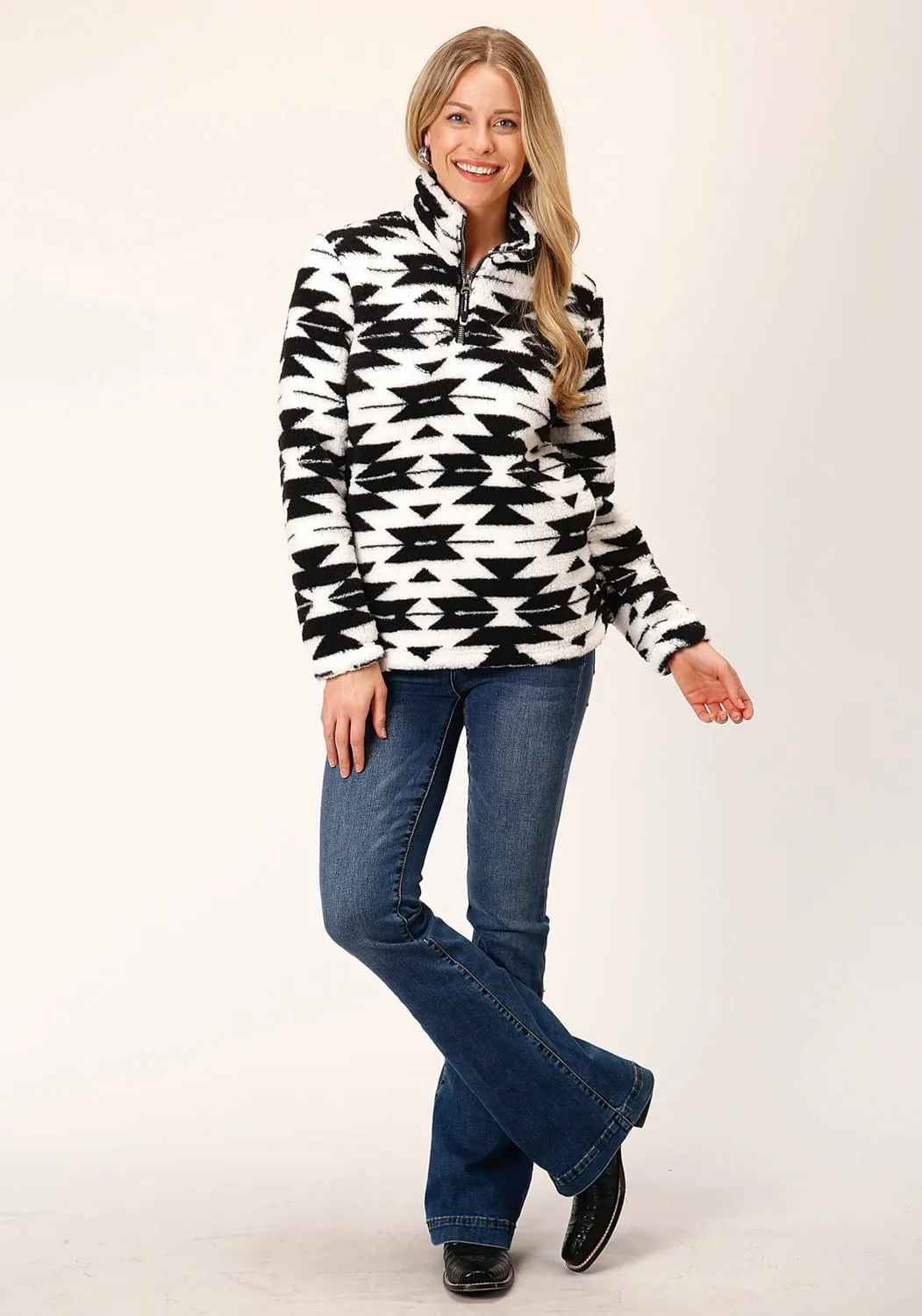 Eco Friendly Lightweight Modern Roper Womens Fuzzy Polar Black/White 100% Polyester Fleece Jacket