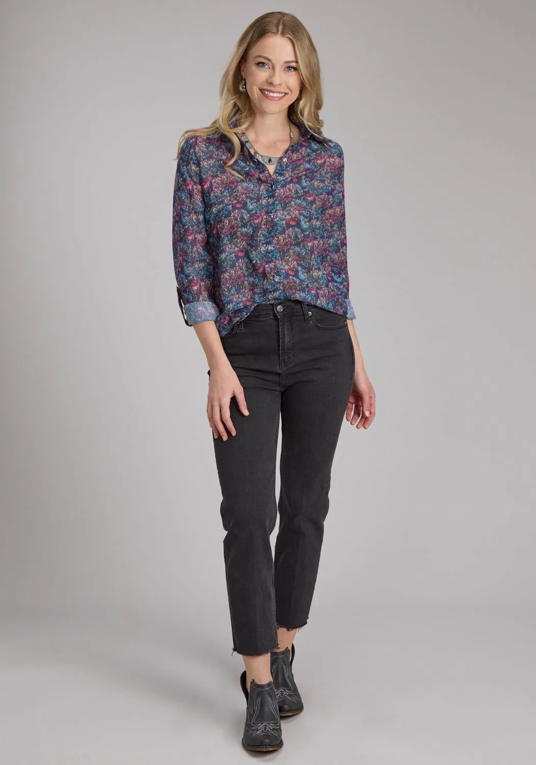 Multi Pocket Utility Trendy Pattern Roper Womens Gem Floral Georgette Multi-Color 100% Polyester L/S Blouse