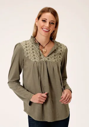 Roper Womens Green 100% Cotton Victorian Schiffly L/S Tunic Custom Fit Youth Style Road Trip Outdoor Enthusiast Roper Womens Green 100% Cotton Victorian Schiffly L/S Tunic