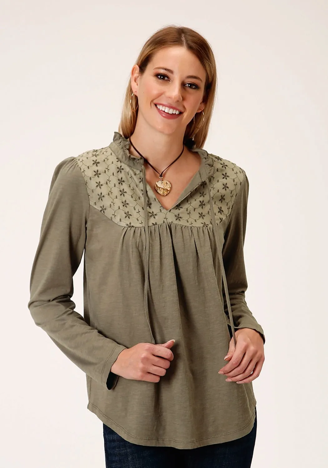 Youth Style Road Trip Outdoor Enthusiast Roper Womens Green 100% Cotton Victorian Schiffly L/S Tunic