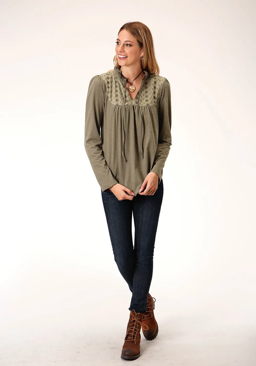 Roper Womens Green 100% Cotton Victorian Schiffly L/S Tunic Outfit Staple Morning Stroll Evening Stroll Trend Setter