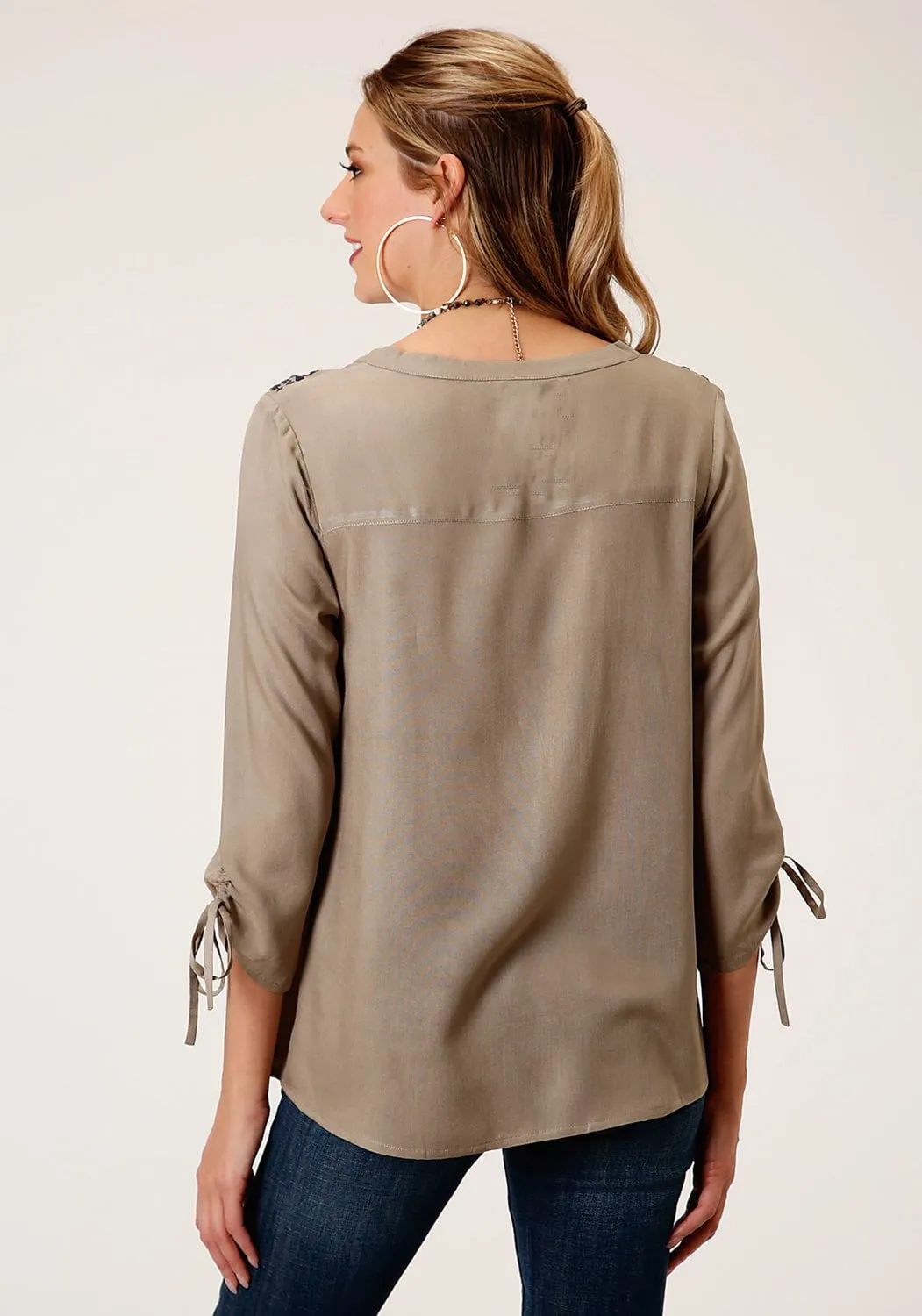 Roper Womens Green Rayon/Nylon Open Work S/S Blouse Chilly Weather Wear