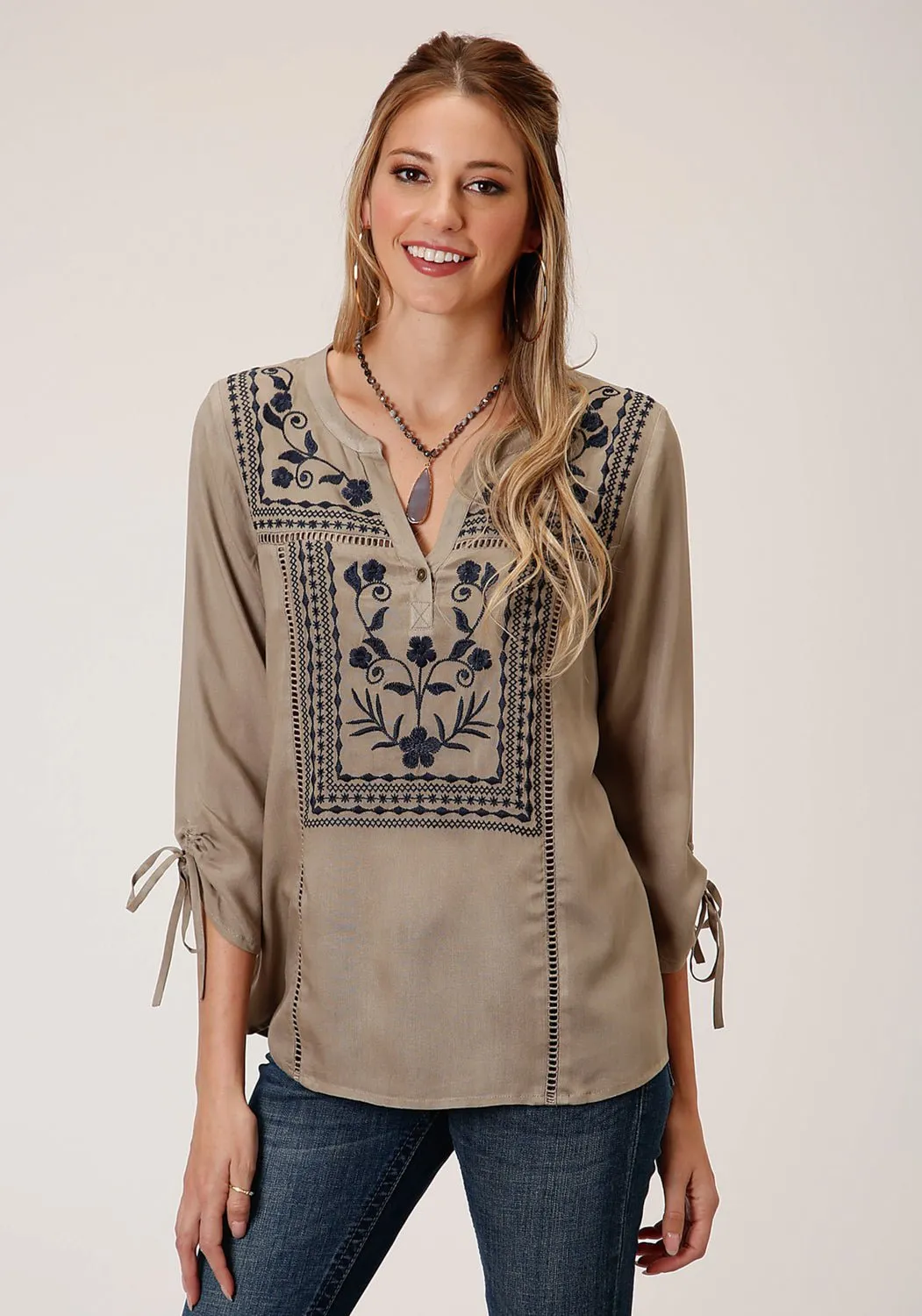 Reinforced Elbow Patches handmade touch Roper Womens Green Rayon/Nylon Open Work S/S Blouse