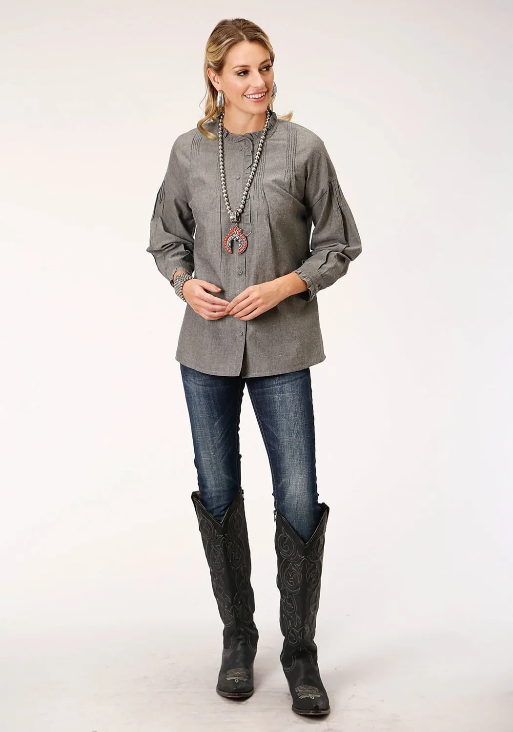 Perfect For Daily Roper Womens Grey 100% Cotton Romantic Melange L/S Blouse