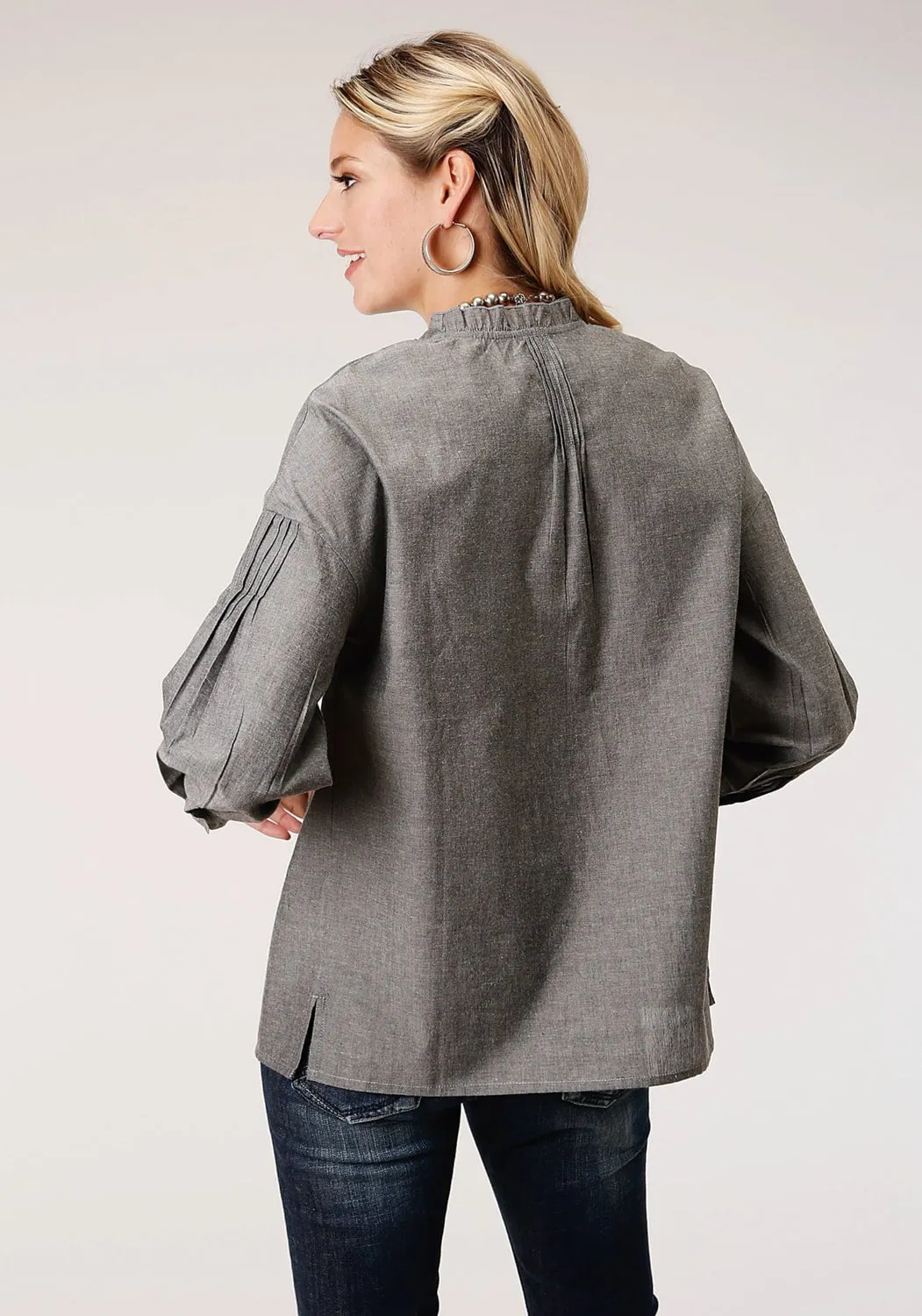 Essential Piece Stain Release Finish Roper Womens Grey 100% Cotton Romantic Melange L/S Blouse
