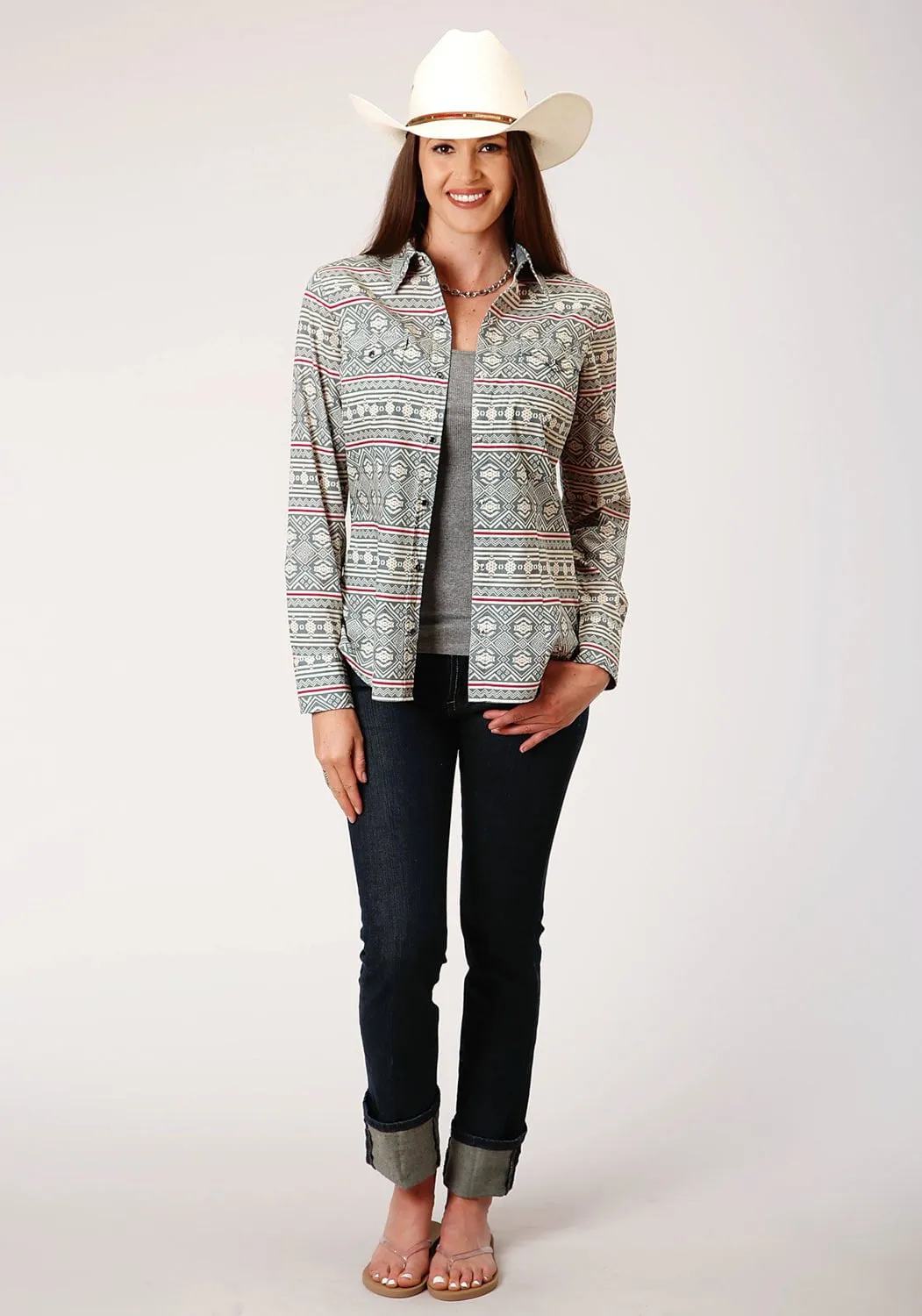 Light material Chic Design Style Roper Womens Grey 100% Cotton Tribal Texture L/S Shirt
