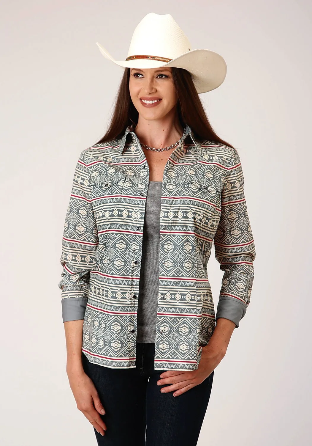 Roper Womens Grey 100% Cotton Tribal Texture L/S Shirt Multi Purpose Pockets Articulated Knee Shape