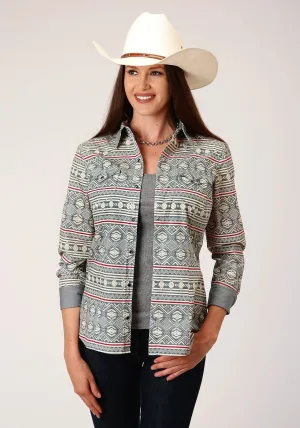 Roper Womens Grey 100% Cotton Tribal Texture L/S Shirt Modern Detail Roper Womens Grey 100% Cotton Tribal Texture L/S Shirt Multi Purpose Pockets Articulated Knee Shape
