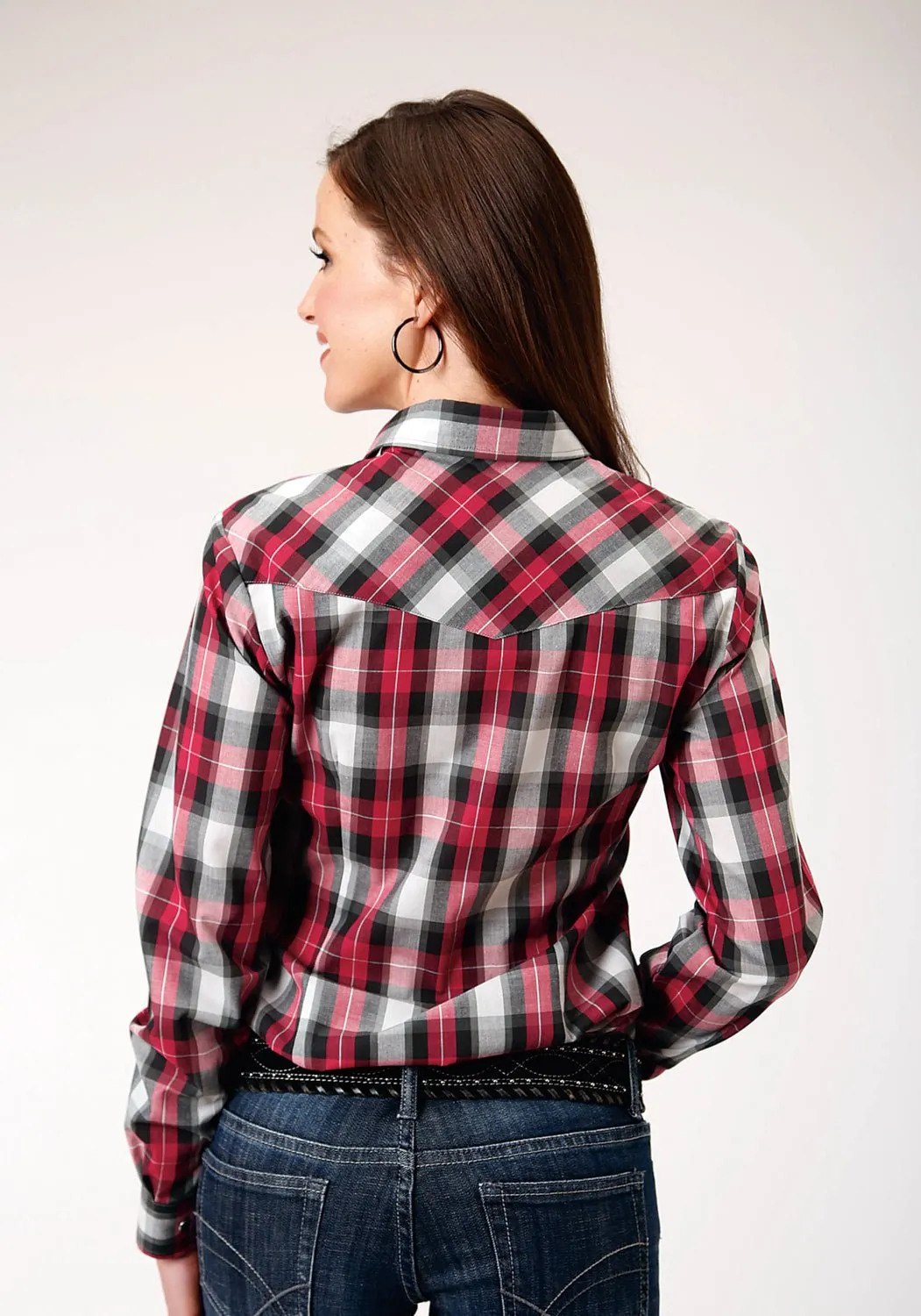 Roper Womens Grey Plaid Red Cotton Blend L/S Shirt Tagless label Tailored Fit