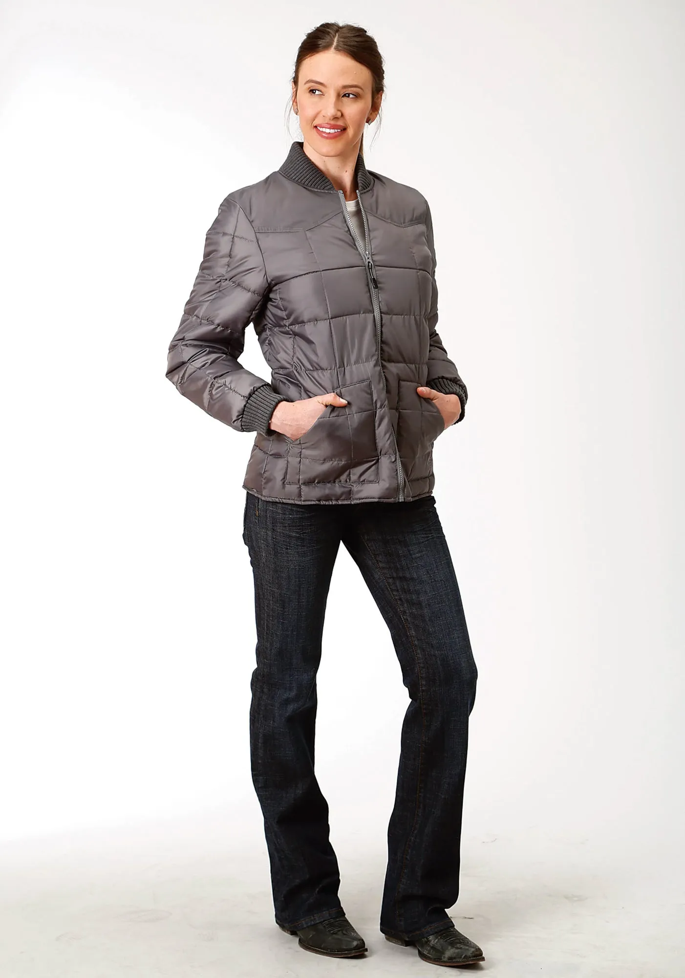Street Fashion Breathable Office Wear Couple Look Work Ready Roper Womens Grey Polyester Quilted Insulated Jacket