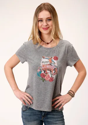 Roper Womens Grey Poly/Rayon Cowboy Ranch S/S T-Shirt Double Layered Collar Quick Release Placket Casual Friday Roper Womens Grey Poly/Rayon Cowboy Ranch S/S T-Shirt