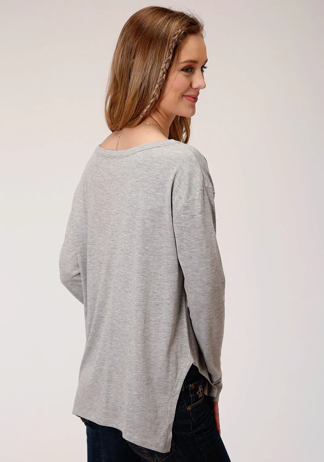 Lightweight Denim Blend Smooth Creative Look Adult Fashion Roper Womens Grey Poly/Rayon Raw Edge Yoke L/S T-Shirt