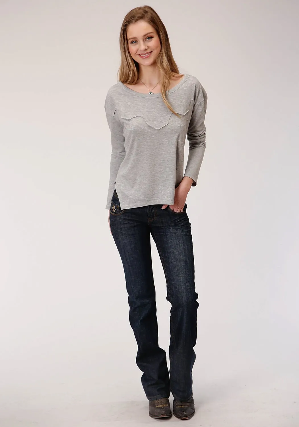 Roper Womens Grey Poly/Rayon Raw Edge Yoke L/S T-Shirt Go-To Style