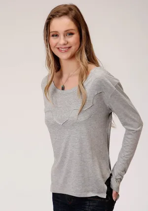 Roper Womens Grey Poly/Rayon Raw Edge Yoke L/S T-Shirt Go Anywhere Fit Sunny Vibes Vibrant Relaxed Style Customizable Fit Roper Womens Grey Poly/Rayon Raw Edge Yoke L/S T-Shirt