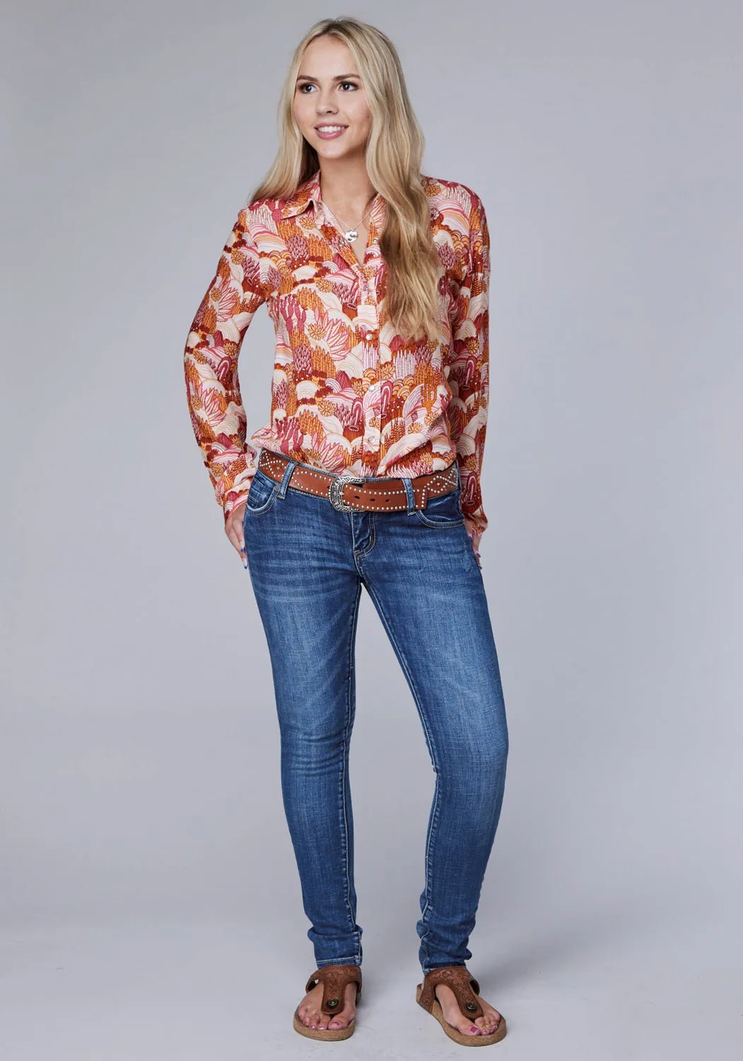 Patterned Texture Roper Womens Groovy Cacti Pink 100% Rayon L/S Blouse