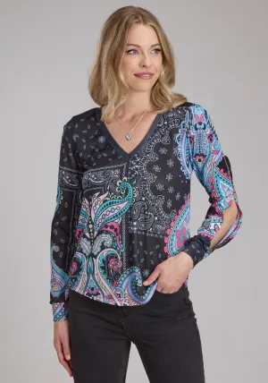Roper Womens Hankerchief Sublimation Multi-Color Poly/Spandex L/S Blouse Odor Resistant Finish Smooth Texture Gift Idea Roper Womens Hankerchief Sublimation Multi-Color Poly/Spandex L/S Blouse
