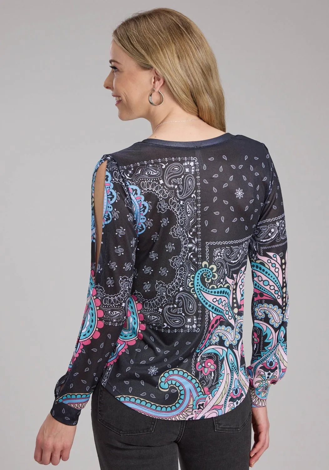 Roper Womens Hankerchief Sublimation Multi-Color Poly/Spandex L/S Blouse Functional Fashion Soft Stretch Collar