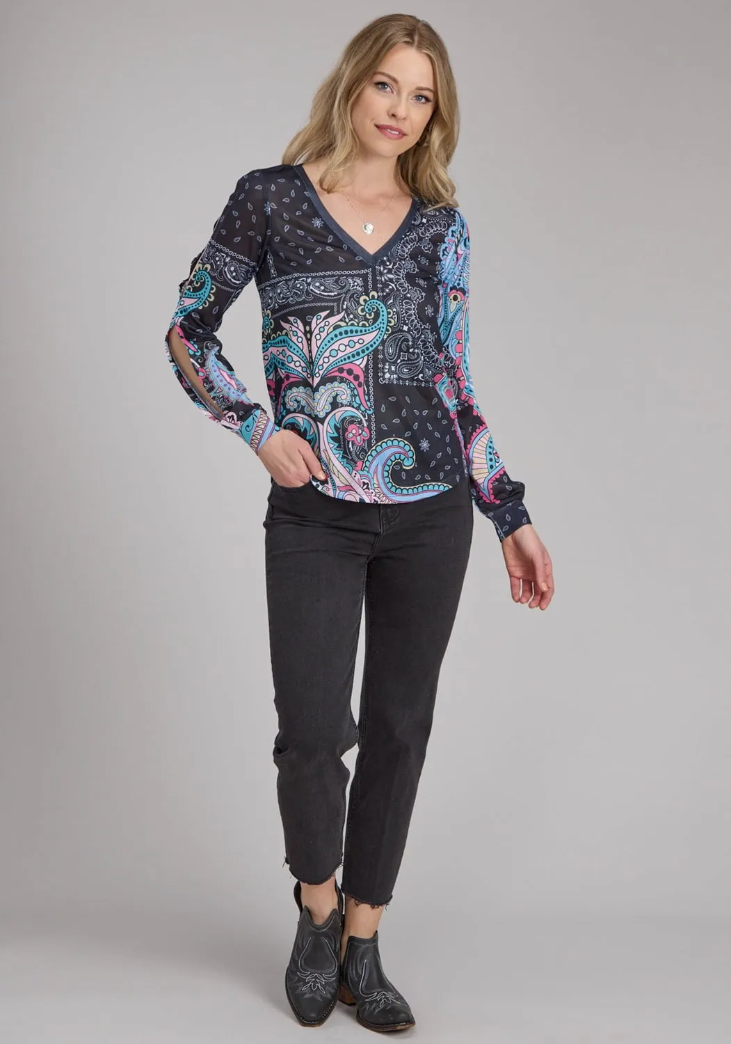Roper Womens Hankerchief Sublimation Multi-Color Poly/Spandex L/S Blouse Smart Look