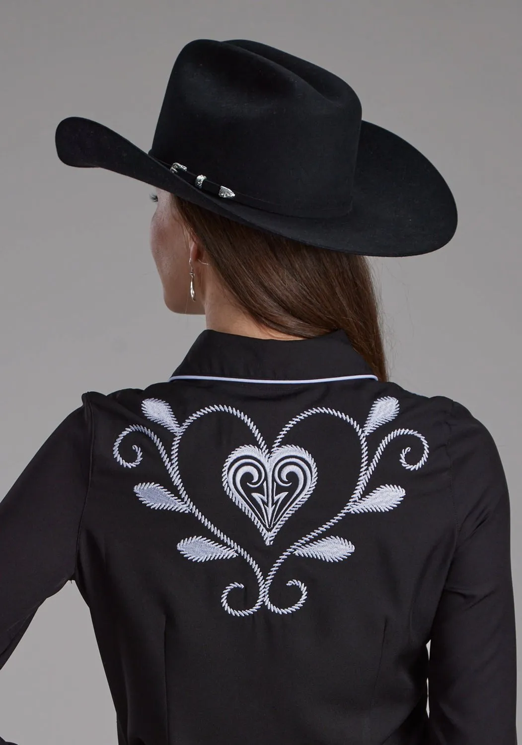 Wrinkle Resistant Finish Classic Wardrobe Roper Womens Heart Twill Retro Black Poly/Spandex L/S Shirt