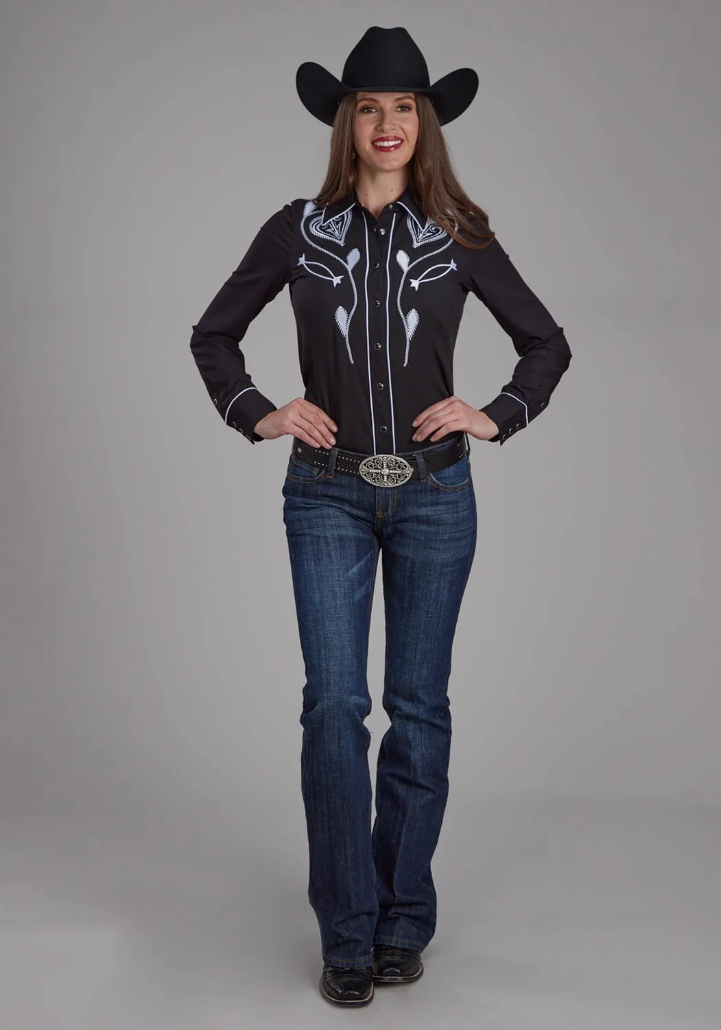Camouflage Print Roper Womens Heart Twill Retro Black Poly/Spandex L/S Shirt
