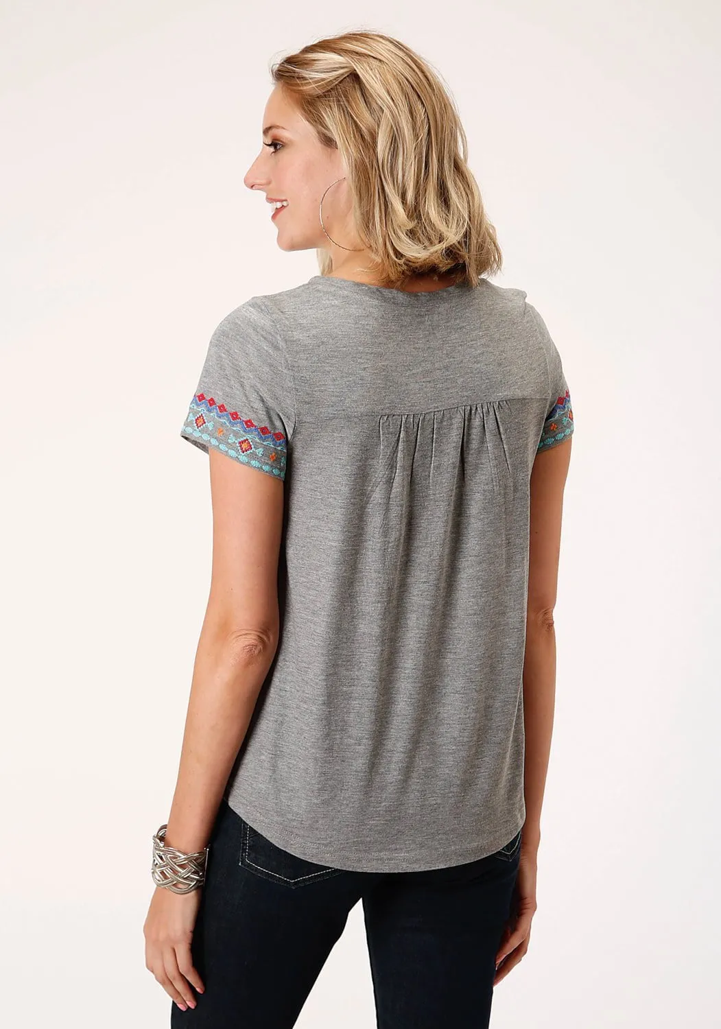 Roper Womens Heather Gray 100% Cotton Aztec Embroidery S/S T-Shirt Designer Touch Lightweight Fabric