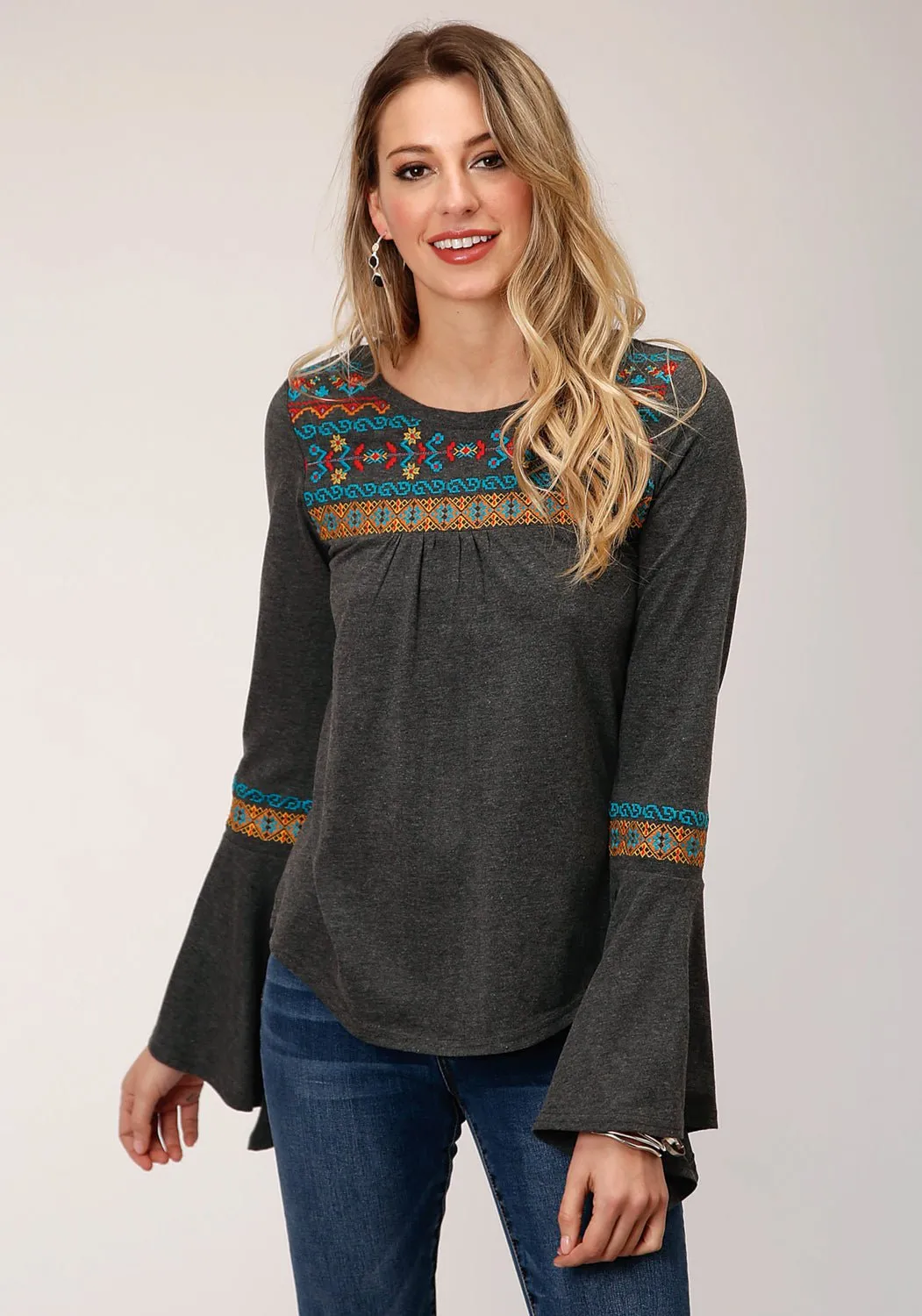 Roper Womens Heather Gray 100% Cotton Peasant Top L/S Tunic Laser Cut Edges Trendy Choice