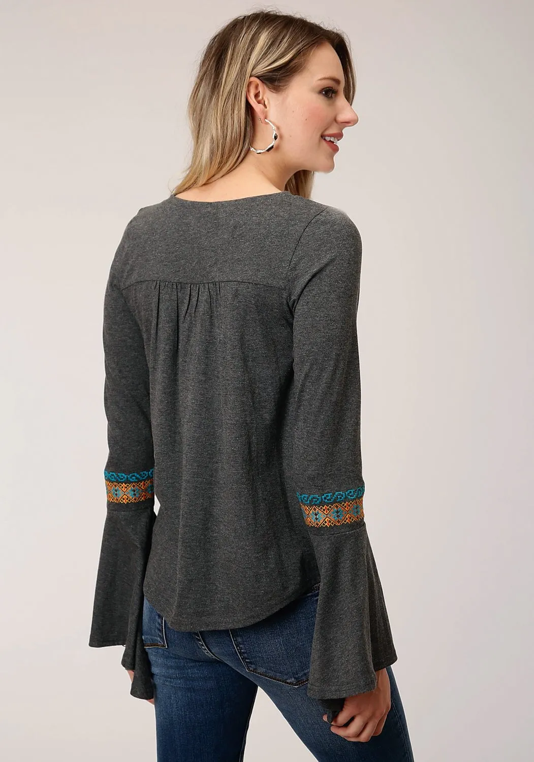 Roper Womens Heather Gray 100% Cotton Peasant Top L/S Tunic Formal Classic Wear Loose Contemporary Vibe