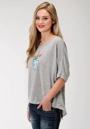 Roper Womens Heather Grey Poly/Rayon Split Back Sweater Comfortable Silhouette Roper Womens Heather Grey Poly/Rayon Split Back Sweater Comfort Fit